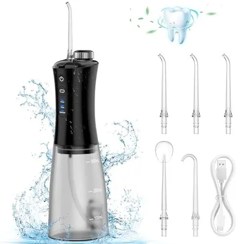 Produktbild: Pancellent Munddusche Kabellos,Zahnseide, Massage Zahnseide, Wiederaufladbar, 12 Gänge, Wasserstrahl für Zahnspangen, mit 350 ml Wassertank und 5 Strahlspitzen für Reisen und Zuhause, Schwarz