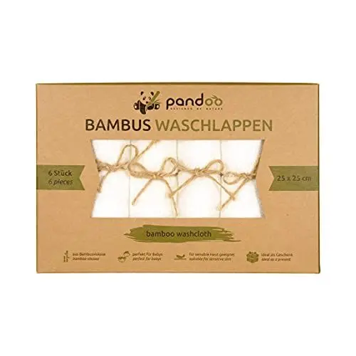 Produktbild: pandoo 100% Bambus Baby Waschlappen - kuschelweich, farbstofffrei, hypoallergen, Anti-mikrobiell & antibakteriell für empfindliche Baby Haut - 25x25cm weiß - 6 Stück