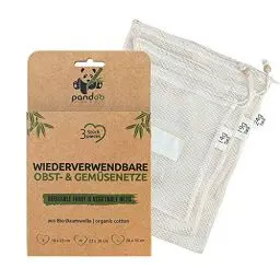 Produktbild: pandoo 3er Pack Obst- und Gemüsenetze aus Bio-Baumwolle | 3 Einkaufs-Netze | Plastikfrei und Unverpackt Einkaufen | Wiederverwendbare Einkaufstaschen