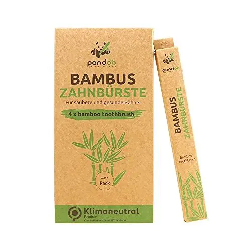 Produktbild: pandoo 4er-Sparset umweltfreundliche Hand-Zahnbürste | Für Erwachsene und Kinder (Mittel bis Weich) | Vegan, Bio, Holzfrei, BPA Frei | Bamboo Toothbrush