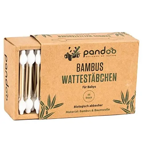 Produktbild: pandoo 4er Pack Bambus Wattestäbchen mit großem Sicherheitskopf (220 Stück) | Biologisch-Abbaubar, Vegan, Plastikfrei, Holzfrei & Nachhaltig | Ohrenstäbchen für Babys und Kinder