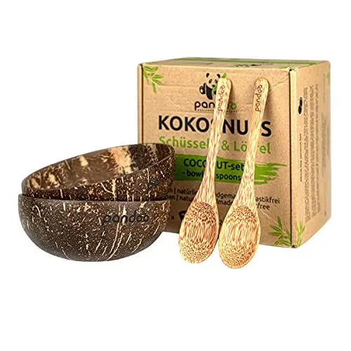 Produktbild: pandoo Kokosnuss Schalen 2er Set mit Kokos Löffel | 100% Naturprodukt | Plastikfreie Alternative - Handgefertigt mit Kokosöl poliert | Coconut Bowls Schüsseln | Müslischale, Kokosnuss Schale