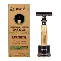 Produktbild: pandoo Rasierhobel mit Halter und Bambus-Griff | Zero-Waste Rasierer | Sicherheits-Rasierhobel | Safety Naßrasierer | Männer und Frauen | geschlossener Kamm - plastikfrei inkl. eBook & 10 Klingen