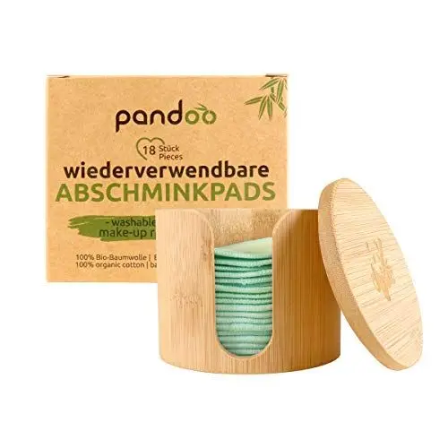 Produktbild: pandoo Wiederverwendbare und Waschbare Wattepads aus Bio-Baumwolle | Reusable Kosmetikpads, Make Up Entferner Pads | umweltfreundliche Abschminkpads | 18 Stück inkl. Waschbeutel und Bambus-Box