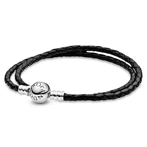 Produktbild: PANDORA Moments doppeltes Schwarzes Lederarmband mit geprägtem Kugelverschluss aus Sterling-Silber, vielseitig kombinierbar, Größe: 35cm