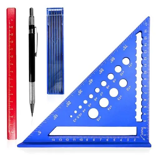 Produktbild: pangdapengpeng 180mm Multifunktional Zimmermannswinkel, Winkelmesser mit Tischler Bleistifte Set, Winkel Metall 45 90 grad, für Holzbearbeitung Messungen (Blau +Zimmermannsbleistift-Set)