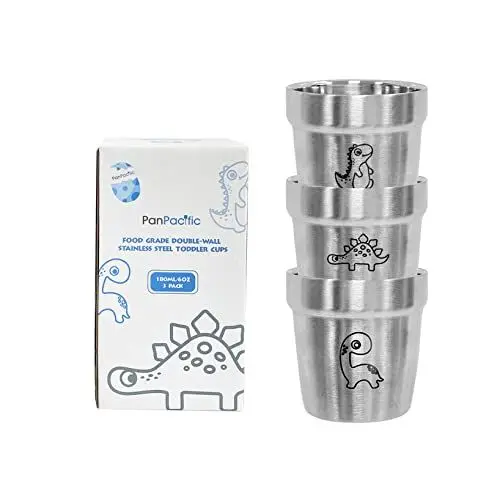 Produktbild: PanPacific Kinderbecher Set (180ml), 3 Arten von Dinosauriermustern, Edelstahl Becher doppellagiger für Jungen und Mädchen, Metall Trinkbecher Kinder Camping Tasse Outdoor Wandern Kaffeebecher