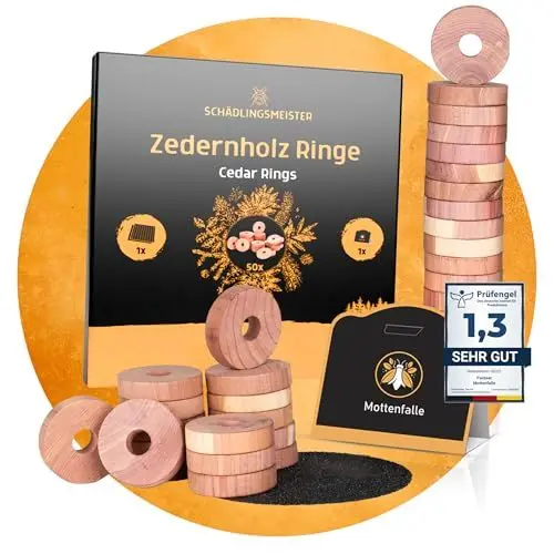 Produktbild: Panteer SCHÄDLINGSMEISTER Zedernholz Ringe - 50 Stück + 1 Mottenfalle Kleidermotten - Zedernholz Mottenschutz für Kleiderschrank - Kleidermottenfalle - Gegen Motten - Kleidermotten bekämpfen