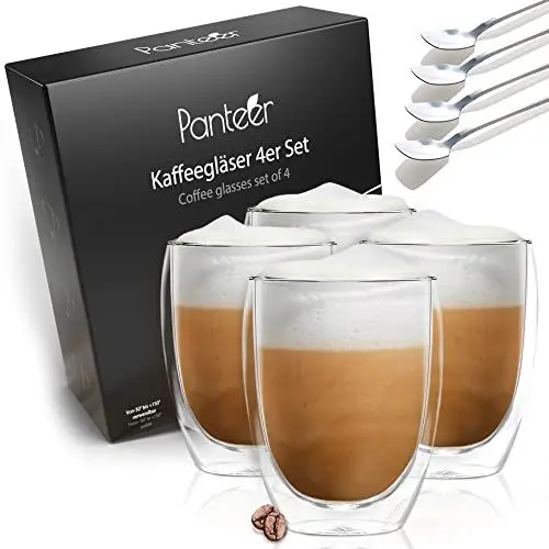 Produktbild: Panteer ® Latte Macchiato Gläser mit 4 Langen Löffeln 350ml x 4 Doppelwandige Gläser, Cappuccino Gläser, Doppelwandige Kaffeegläser, Thermogläser Doppelwandig, Teegläser - Aus Borosilikatglas