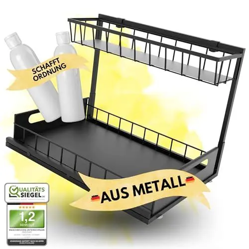 Produktbild: Panteer ® Unter Waschbecken Regal - Große Kapazität Küche Organizer - LANGLEBIG aus Metall - Aufbewahrung Küche - Einsetzbar als Gewürzregal oder Putzmittel Organizer - Küche Zubehör