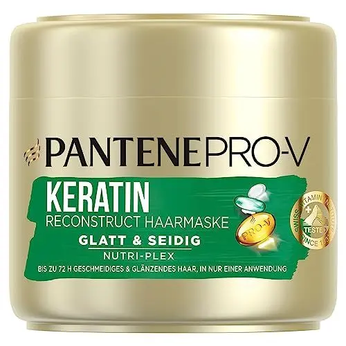 Produktbild: Pantene Pro-V Glatt & Seidig Keratin Reconstruct Haarmaske Für Widerspenstiges Haar, Haarpflege Glanz, Anti-Frizz, Anti Frizz, Haarkur, Haarmaske, Haare Kur, Haar Mask, Beauty, Gold, 300ml