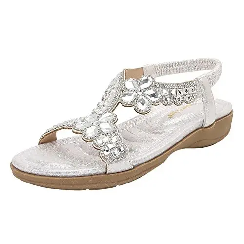 Produktbild: Sandalen Böhmen Sommer Frauen Damen Bling Crystal Flat Beach Freizeitschuhe (38,Silber)
