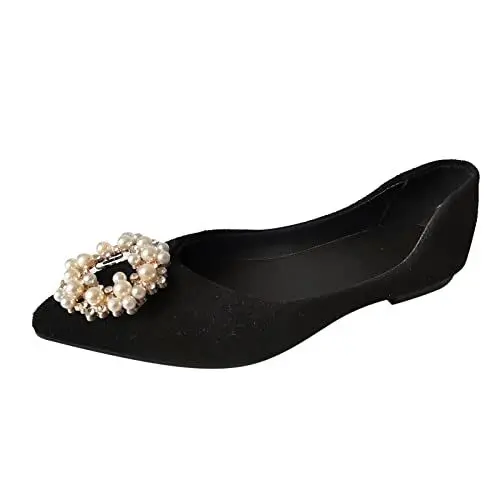 Produktbild: Pantoletten Damen Damen Sandalen Adiletten einfarbig spitze Perle dekorative flache flache Freizeitschuhe Riemchensandalen Damen Mit Absatz Badeschuhe Sandalen Damen Schwarz Damen Sandalen (Black, 41)