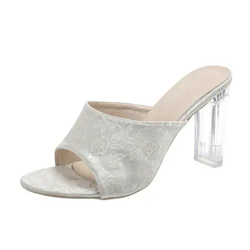 Produktbild: Pantoletten Damen Mit Absatz Kinder Badeschuhe Damen-Slipper mit transparentem Kristallabsatz, One-Line-Hausschuhen mit dicken Absätzen und großen Pantoletten Damen Mit Absatz Kinder (White, 42)