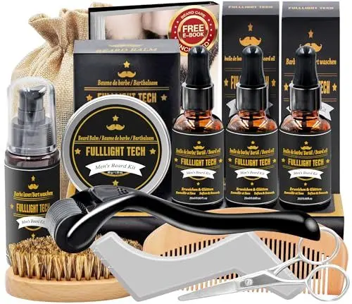 Produktbild: Papa Geschenk Weihnachten,Bartpflege Set für Männer mit Bartroller,Bartshampoo,3 Bartöl,Bart Balsam,Bartkamm,Bartbürste,Bartschere,Bartschablonen,Herren Bartpflegeset Geschenk für Männer Weihnachten