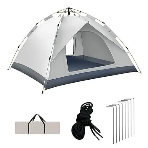 Produktbild: papasgix Camping Zelt Automatisches Sofortzelt 3-4 Personen Wasserdicht, Campingzelt Kuppelzelt Wurfzelt mit 2 Türen, Schnellaufbauzelt Festival Pop Up Zelt für Reisen Strand Wandern (Weiß)