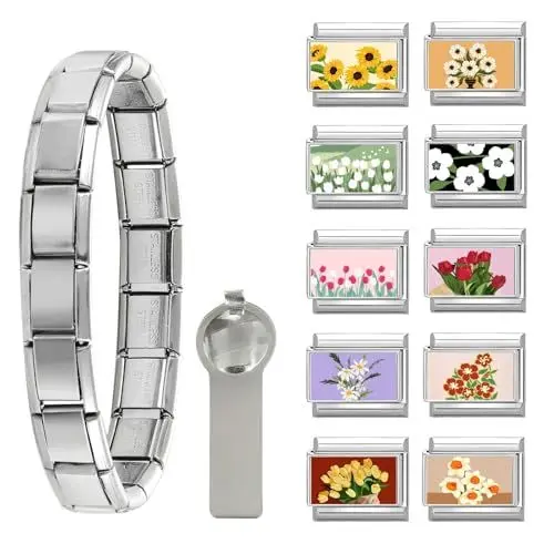 Produktbild: papasgix Italian Charm Bracelet Charms Gold Silber Anhänger Set 9mm Italian Charm Armband Glieder für Damen DIY Bracelet Tool Module Charms für Armbänder Kette (12er Silber Gelb)