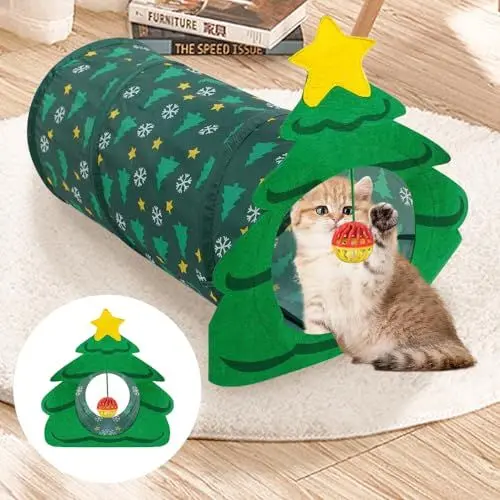 Produktbild: papasgix Katzenspielzeug Katzentunnel Weihnachtsbaum Geformt Kaninchen Spielzeug Training Cat Tunnel Interaktives Katze Spielzeug Spieltunnel Hundenspielzeug für Katzen Welpe kleine Hunde