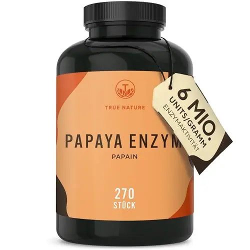 Produktbild: Papaya Enzym Kapseln - 270 Stück - HOCHDOSIERT: 2100mg reines Papain - 6 mio. Units/g Papain Enzymaktivität - Vegan, Deutsche Produktion - TRUE NATURE®