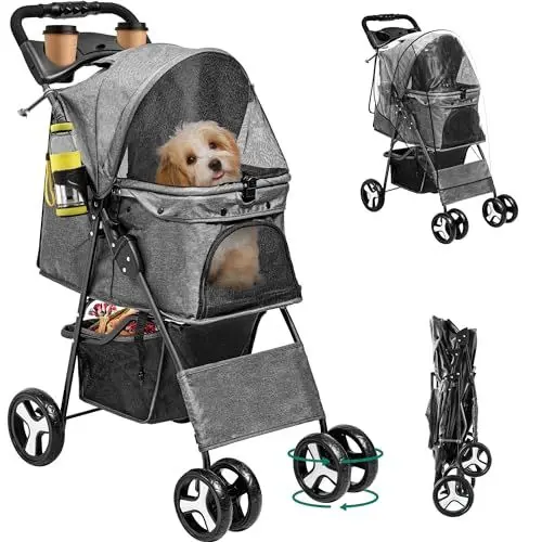 Produktbild: YITAHOME Hundewagen Katzenwagen mit Aufbewahrungskorb, 4 Rädern, Faltbarer Hundebuggy, Tragbarer Haustier Kinderwagen, Leicht, Praktisch, Abnehmbar (Grau)