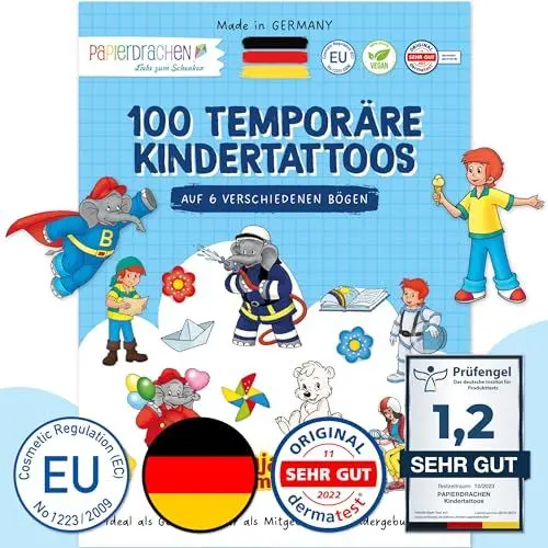 Produktbild: Papierdrachen 100 Tattoos für Kinder - Hautfreundliche Kindertattoos Benjamin Blümchen - kindgerechte Designs - als Mitgebsel oder Geschenkidee - 100% vegan & dermatologisch geprüft