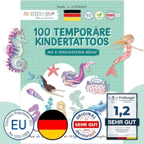Produktbild: Papierdrachen 100 besonders hautfreundliche Kindertattoos - Tattoos Meerjungfrauen - für Kinder - für Jungen und Mädchen - geprüft & made in Germany - Set 28