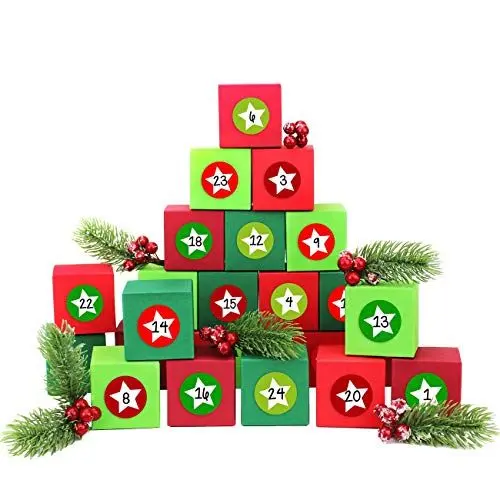 Produktbild: Papierdrachen 24 Adventskalender Kisten - mit Zahlenaufklebern zum selber Befüllen - 24 bunte Schachteln zum Aufstellen und zum Befüllen - 24 Boxen - von Papierdrachen