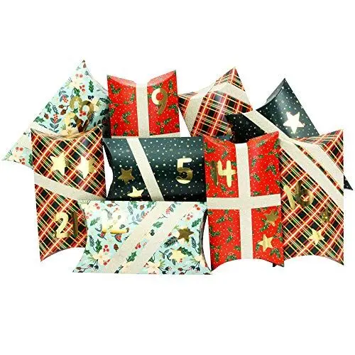 Produktbild: Papierdrachen 24 Adventskalender Pillowboxen - mit Washitape und goldenen Zahlenaufklebern - 24 Kissenschachteln aus Karton - DIY Adventskalender zum Befüllen und Gestalten