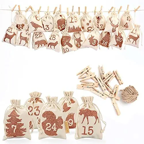 Produktbild: Papierdrachen 24 Adventskalender Stoffsäckchen zum Befüllen - mit Glitzerdruck - Stoffbeutel zum selber Dekorieren - Geschenksäckchen - Waldtier Glitzer Set Nr 25