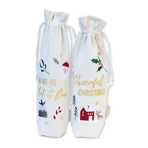 Produktbild: Papierdrachen 2 Flaschenbeutel in beige mit hochwertiger Bestickung - Geschenkverpackung - Taschen für Weinflaschen Set 01
