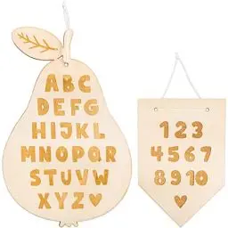 Produktbild: Papierdrachen 2 Holzschilder mit Gravur - Wimpel mit Zahlen von 1-10 und Birne mit dem Alphabet - Geschenk für Erstklässer zum Schulstart - tolle Dekoration für das Kinder- oder Klassenzimmer - Set 1