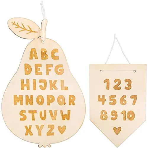 Produktbild: Papierdrachen 2 Holzschilder mit Gravur - Wimpel mit Zahlen von 1-10 und Birne mit dem Alphabet - Geschenk für Erstklässer zum Schulstart - tolle Dekoration für das Kinder- oder Klassenzimmer - Set 1