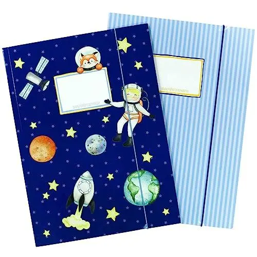 Produktbild: Papierdrachen 2 hochwertige Schulmappen für Kinder DIN A4 | Motiv Astronaut - Postmappe für Grundschüler - Heftsammler - Sammelhefter - Set Nummer 5