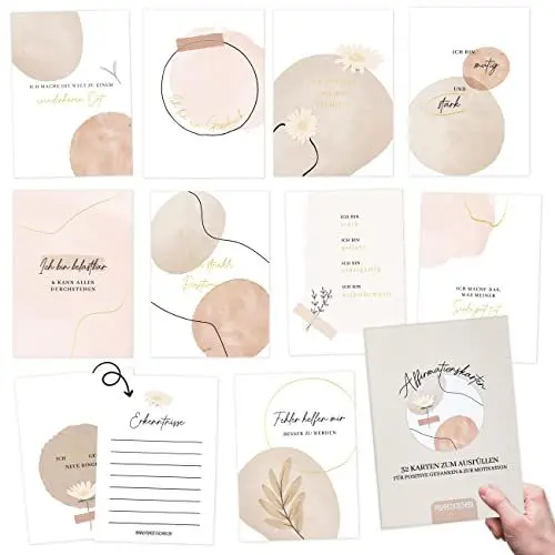 Produktbild: Papierdrachen 32 Affirmationskarten mit positiven Statements - Achtsamkeitskarten mit Geschenkbox | Motivationskarten - Stress bewältigen mit Selbstliebekarten - Geschenkidee - Floral - Set 4