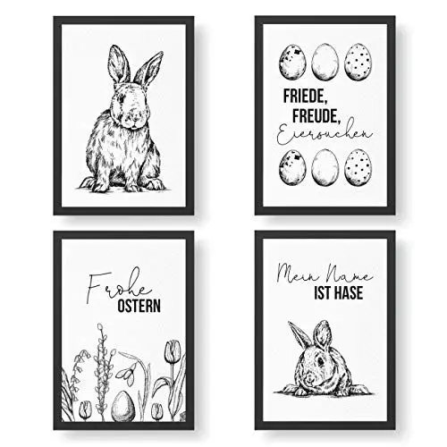 Produktbild: Papierdrachen 4 Premium Poster zu Ostern | DIN A4 | Wandbilder für Wohnzimmer und Küche - Schwarz-Weiß - hochwertige Kunstdrucke | Dekoration | Wandbild Set