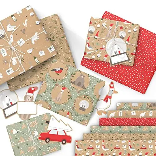 Produktbild: Papierdrachen 6 Bögen Weihnachts Geschenkpapier 60x40cm bedruckt - 6 verschiedene Designs hochwertig auf 100g/m² Papier und 12 Geschenkanhänger (5x10cm) - Motiv Skandi Set 11