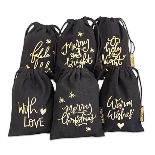 Produktbild: Papierdrachen 6 Geschenksäckchen in schwarz mit Bestickung in gold - zum Befüllen und Verschenken - Geschenkverpackung Weihnachten - wiederverwendbar - Geschenkbeutel - Set 27