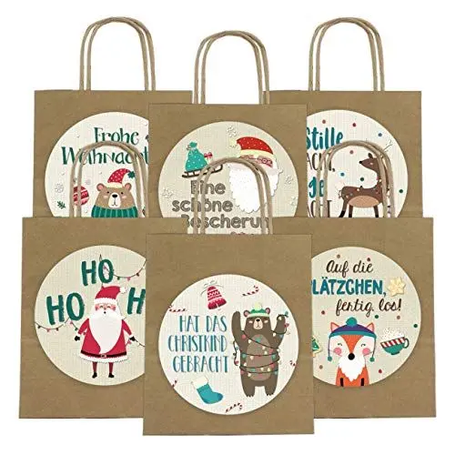 Produktbild: Papierdrachen 6 Geschenktüten zu Weihnachten 18cm x 22.5cm x 8cm mit XXL Stickern - Weihnachtsgeschenke praktisch verpacken - Ideal zum Verschenken - Henkeltüte Motiv Tiere braun