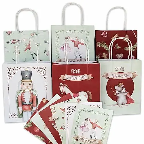 Produktbild: Papierdrachen 6 bunt bedruckte Geschenktüten zu Weihnachten - Nussknacker - 22x18x8cm - inkl. Weihnachtskarten - Henkeltüten Set 6