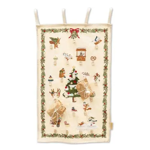 Produktbild: Papierdrachen Adventskalender 2024 - Wintertiere Wandkalender- beige - hochwertig bestickt mit Weihnachtsmotiven - zum selber Befüllen - mit Schlaufen zum Aufhängen von Geschenken - Set 01