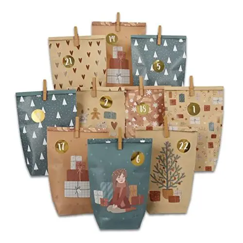 Produktbild: Papierdrachen Adventskalender zum Befüllen - 24 braune und petrolfarbene bedruckte Geschenktüten und 24 Zahlenaufkleber und Klammern - Motiv Petrol - zum Basteln und Verschenken - Weihnachten