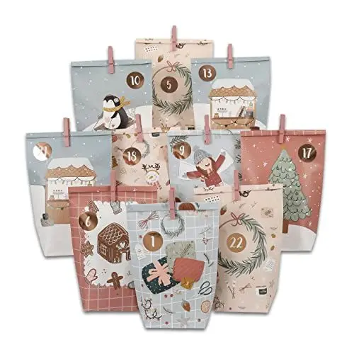 Produktbild: Papierdrachen Adventskalender 2024 zum Befüllen - 24 bedruckte, nachhaltige Geschenktüten in Eisblau & Rosa mit Zahlenaufklebern & Klammern - Weihnachtsmotiv - DIY Bastelset für Weihnachten