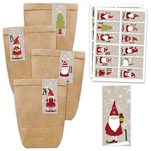 Produktbild: Papierdrachen Adventskalender Set - 24 braune Papiertüten und 24 eckige Zahlenaufkleber mit Nikolaus - zum Selbermachen und Befüllen - Mini Set Nr 62 - Weihnachten