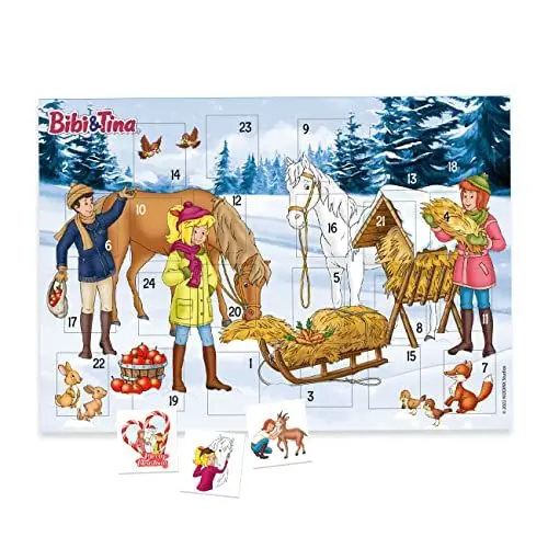 Produktbild: Papierdrachen Adventskalender mit Kindertattoos zum Aufkleben aus Deutschland - Tattoos mit Bibi & Tina und weiteren kindgerechten Designs - Weihnachtskalender für Kinder - vegan - Bibi & Tina Set 4