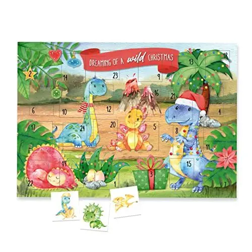 Produktbild: Papierdrachen Adventskalender mit Kindertattoos zum Aufkleben aus Deutschland - Tattoos mit Dino und weiteren kindgerechten Designs - Weihnachtskalender für Kinder - vegan - Dino Set 2