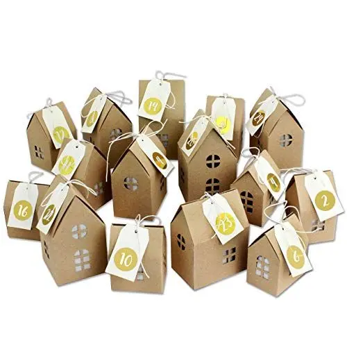 Produktbild: Papierdrachen Adventskalender zum Basteln und Befüllen - Häuser Set - mit goldenen Zahlenaufklebern - 24 naturbraune Schachteln aus 400g/m²-Karton - 24 Boxen - Weihnachtsdorf - wiederverwendbar