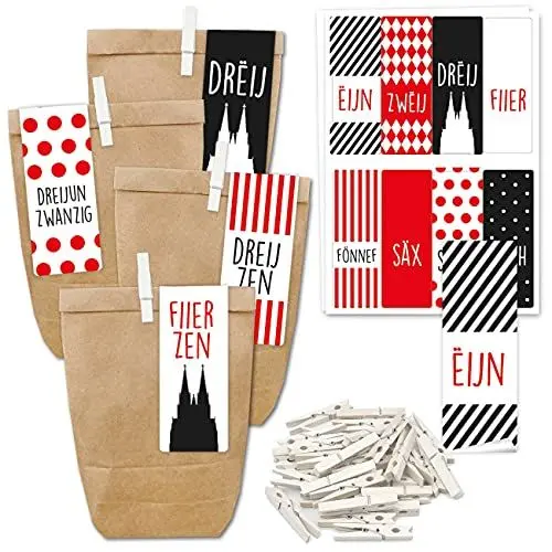 Produktbild: Papierdrachen Adventskalender zum Befüllen - 24 Geschenktüten und 24 Zahlenaufkleber und Klammern - Motiv Kölsch - Köln - zum Verpacken und basteln - Weihnachten - Mini Set Nr 266