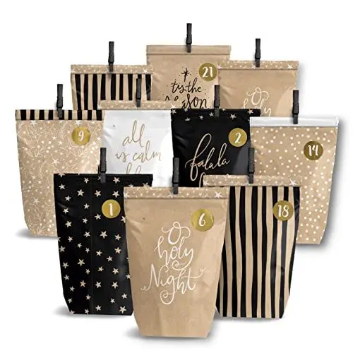 Produktbild: Papierdrachen Adventskalender zum Befüllen - 24 braune bedruckte Geschenktüten und 24 Zahlenaufkleber und Klammern - Motiv Holy Night - zum Basteln und Verschenken - Weihnachten