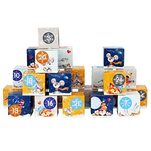 Produktbild: Papierdrachen Adventskalender zum Befüllen - Kisten Set - Motiv Waldtiere in grau, dunkelblau, hellblau & gelb - 24 bunte Schachteln aus Karton zum Aufstellen und Befüllen - 24 Boxen - Weihnachten