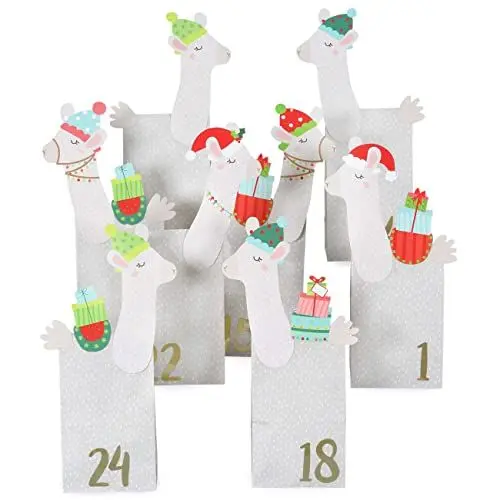 Produktbild: Papierdrachen Adventskalender zum Befüllen - Kraftpapier Set - ausgestanzte Lamas - mit 24 weiß-gemusterten Papiertüten zum Basteln und zum Selbermachen